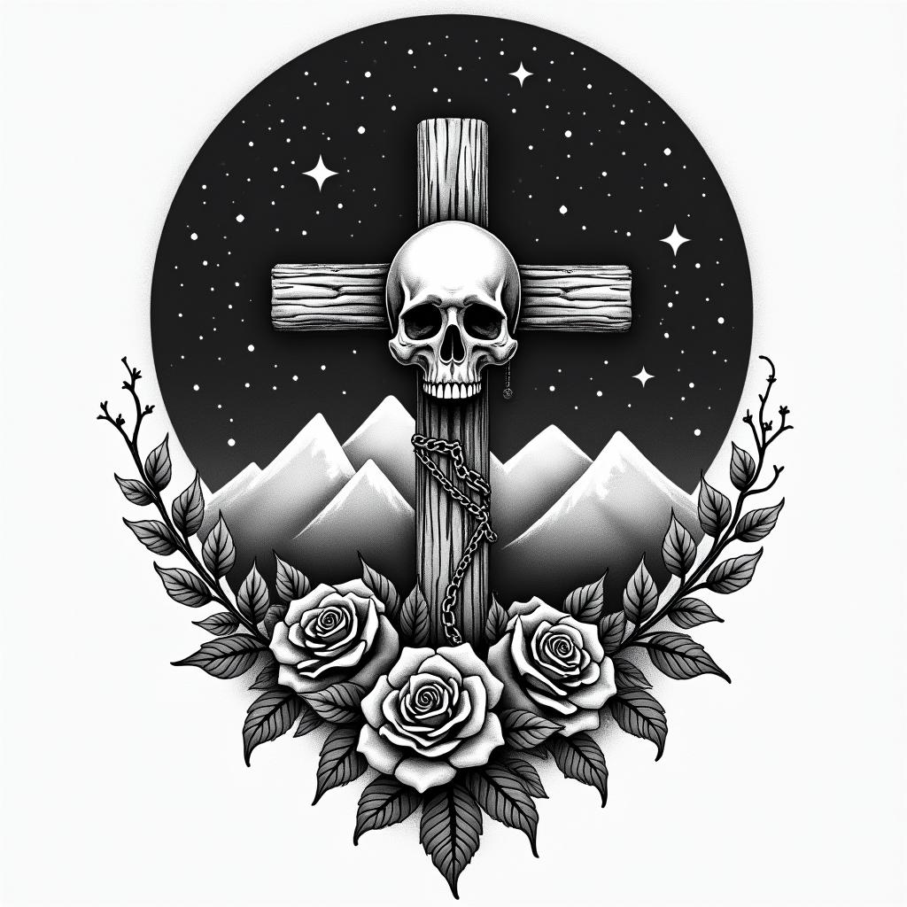 Night desert mountain and starsin chicano style tattoo, featuring intricate black and grey shading, bold elements of traditional chicano culture symbols, add a big cross with skull, chains and roses - Variation 4