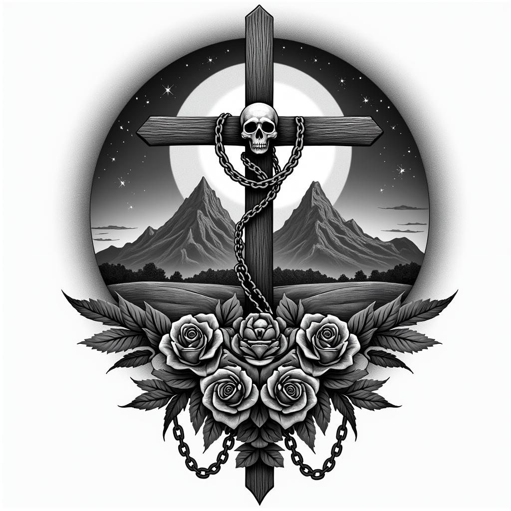Night desert mountain and starsin chicano style tattoo, featuring intricate black and grey shading, bold elements of traditional chicano culture symbols, add a big cross with skull, chains and roses