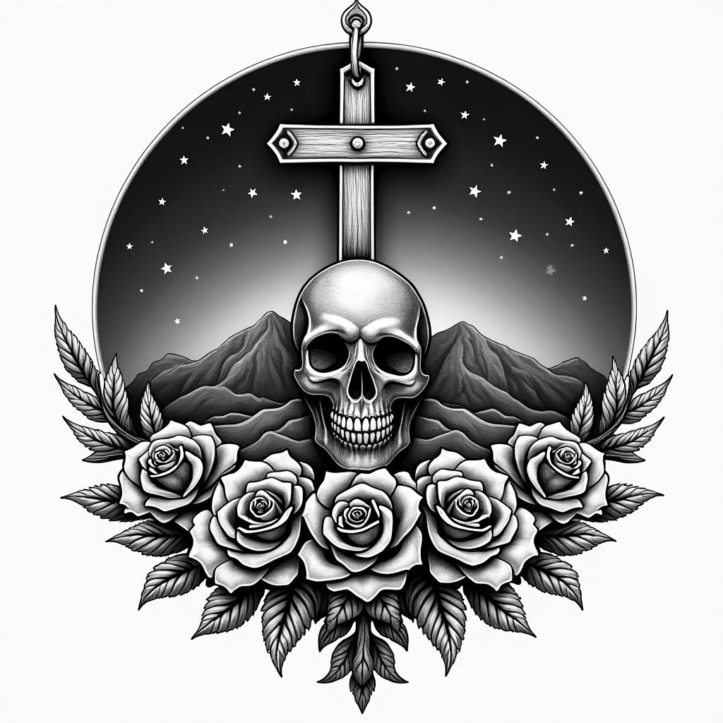 Night desert mountain and starsin chicano style tattoo, featuring intricate black and grey shading, bold elements of traditional chicano culture symbols, add a big cross with skull, chains and roses - Variation 3