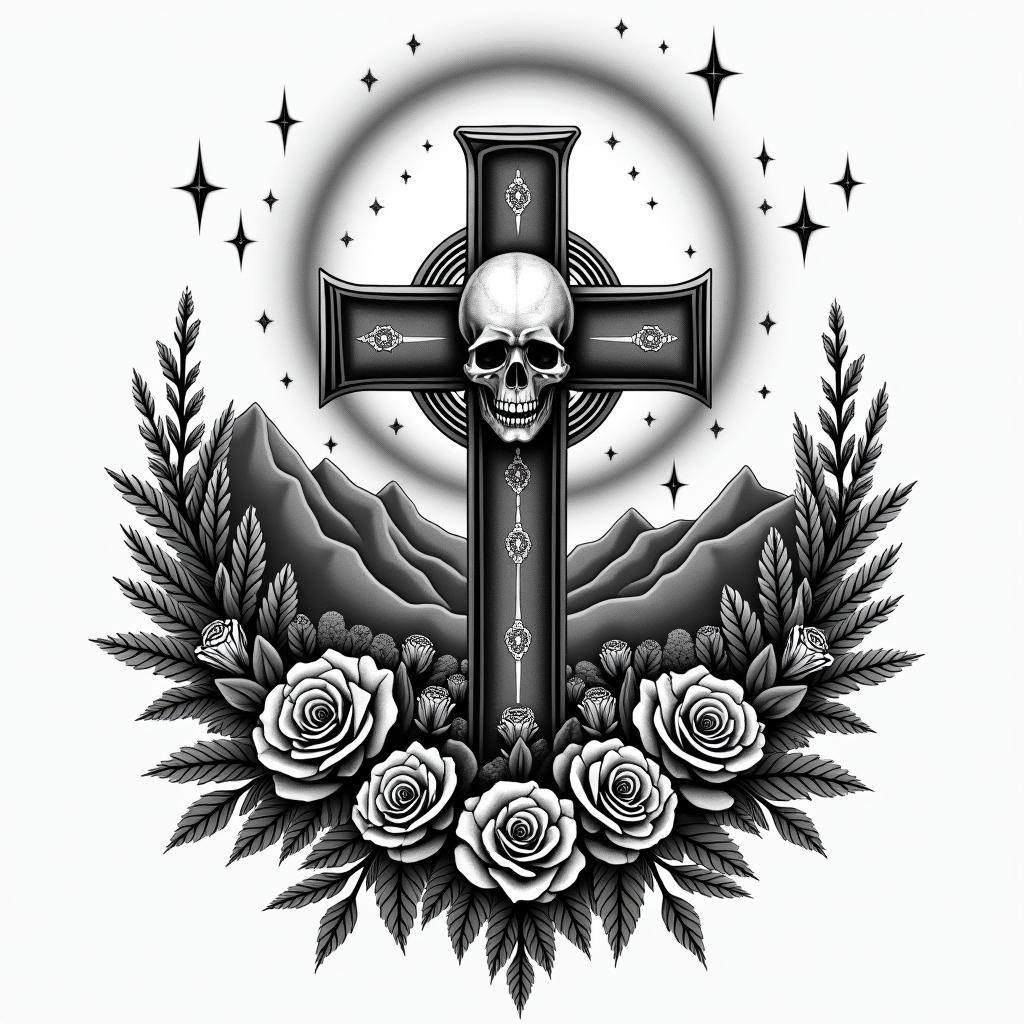 Night desert mountain and starsin chicano style tattoo, featuring intricate black and grey shading, bold elements of traditional chicano culture symbols, add a big cross with skull, chains and roses - Variation 2