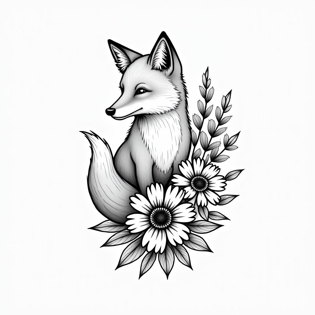 Fine line, flowers, fox, playful, romanticin bohemian style tattoo, 8k - Variation 5