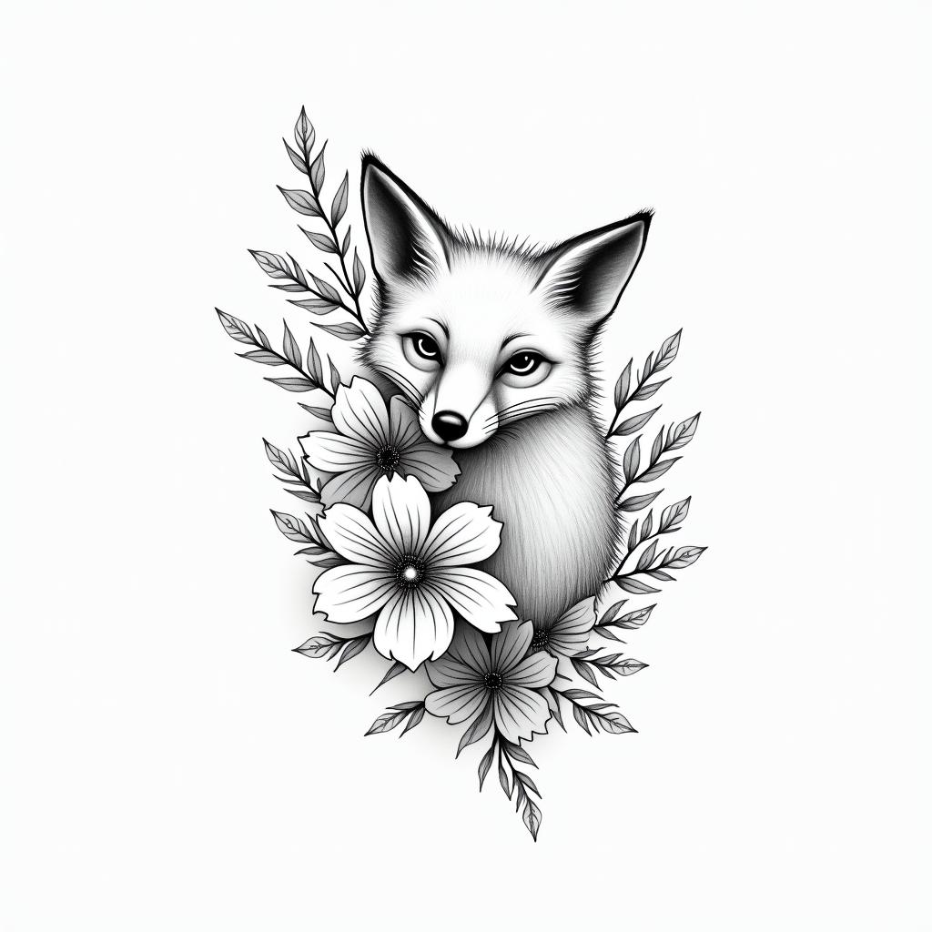Fine line, flowers, fox, playful, romanticin bohemian style tattoo, 8k - Variation 7