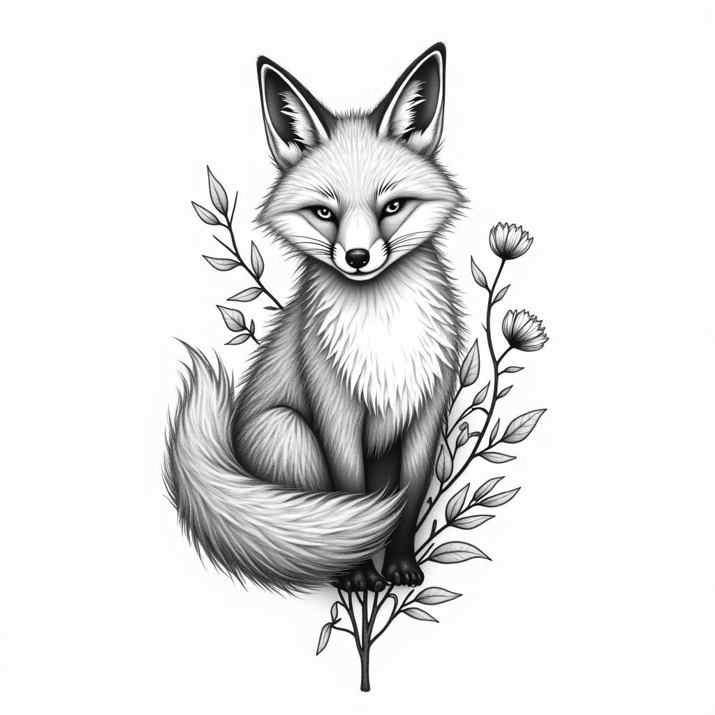 Fine line, flowers, fox, playful, romanticin bohemian style tattoo, 8k - Variation 8