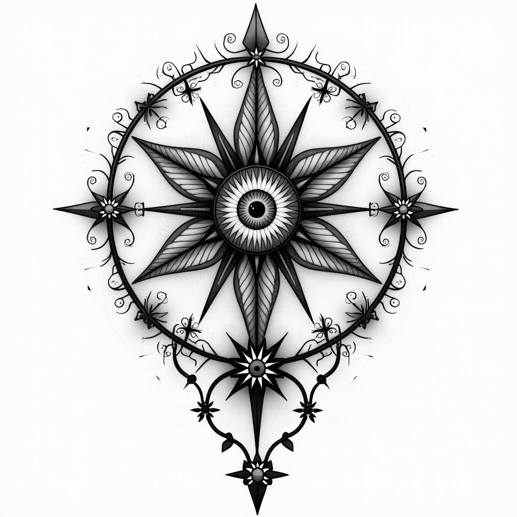I would like a strong tattoo that represents my family, my 3 children, and what revolves around my profession as a midwife.in prophecy tattoo style, featuring mystical symbols, celestial imagery like stars, moons, suns, geometric patterns, foretelling elements, an eye of wisdom