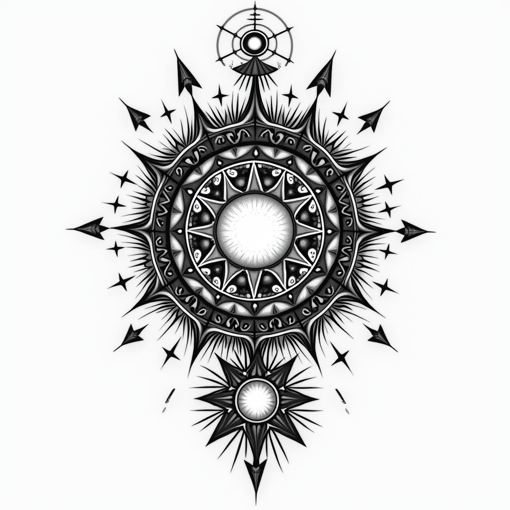 I would like a strong tattoo that represents my family, my 3 children, and what revolves around my profession as a midwife.in prophecy tattoo style, featuring mystical symbols, celestial imagery like stars, moons, suns, geometric patterns, foretelling elements, an eye of wisdom - Variation 2