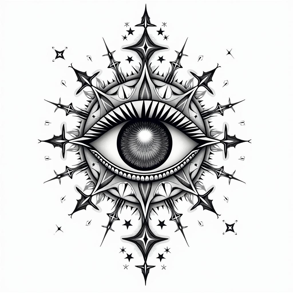 I would like a strong tattoo that represents my family, my 3 children, and what revolves around my profession as a midwife.in prophecy tattoo style, featuring mystical symbols, celestial imagery like stars, moons, suns, geometric patterns, foretelling elements, an eye of wisdom - Variation 3
