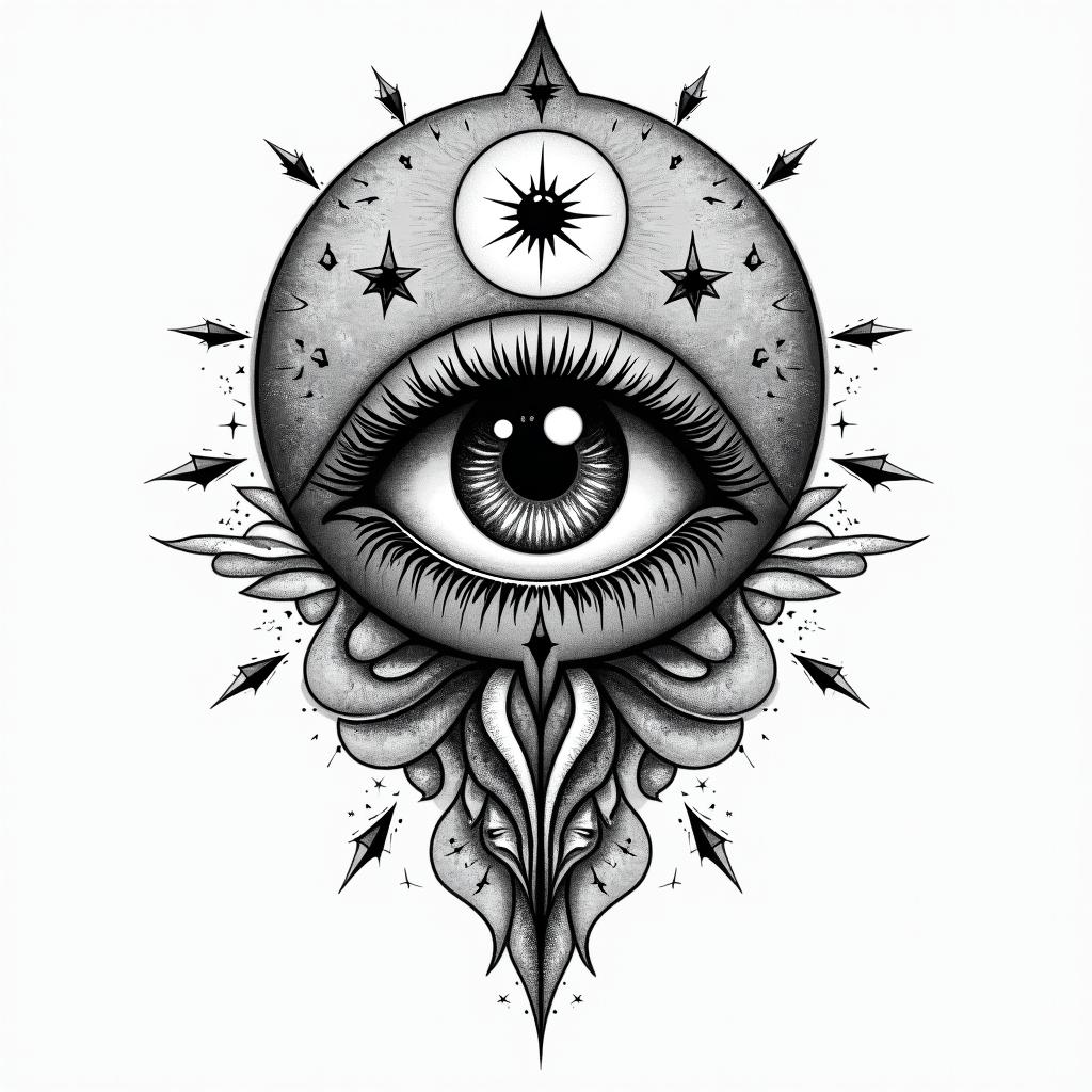 I would like a strong tattoo that represents my family, my 3 children, and what revolves around my profession as a midwife.in prophecy tattoo style, featuring mystical symbols, celestial imagery like stars, moons, suns, geometric patterns, foretelling elements, an eye of wisdom - Variation 4