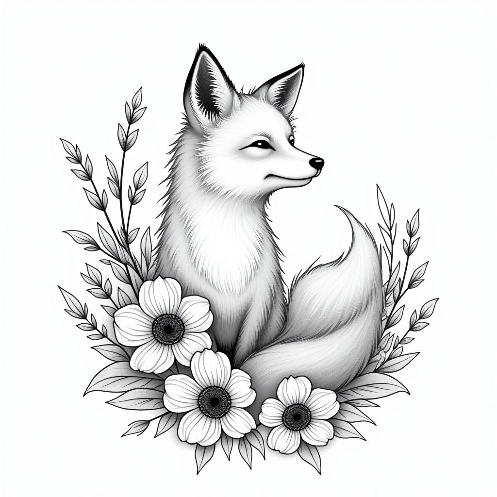 Fine line, flowers, fox, playful, romanticin bohemian style tattoo, 8k - Variation 3