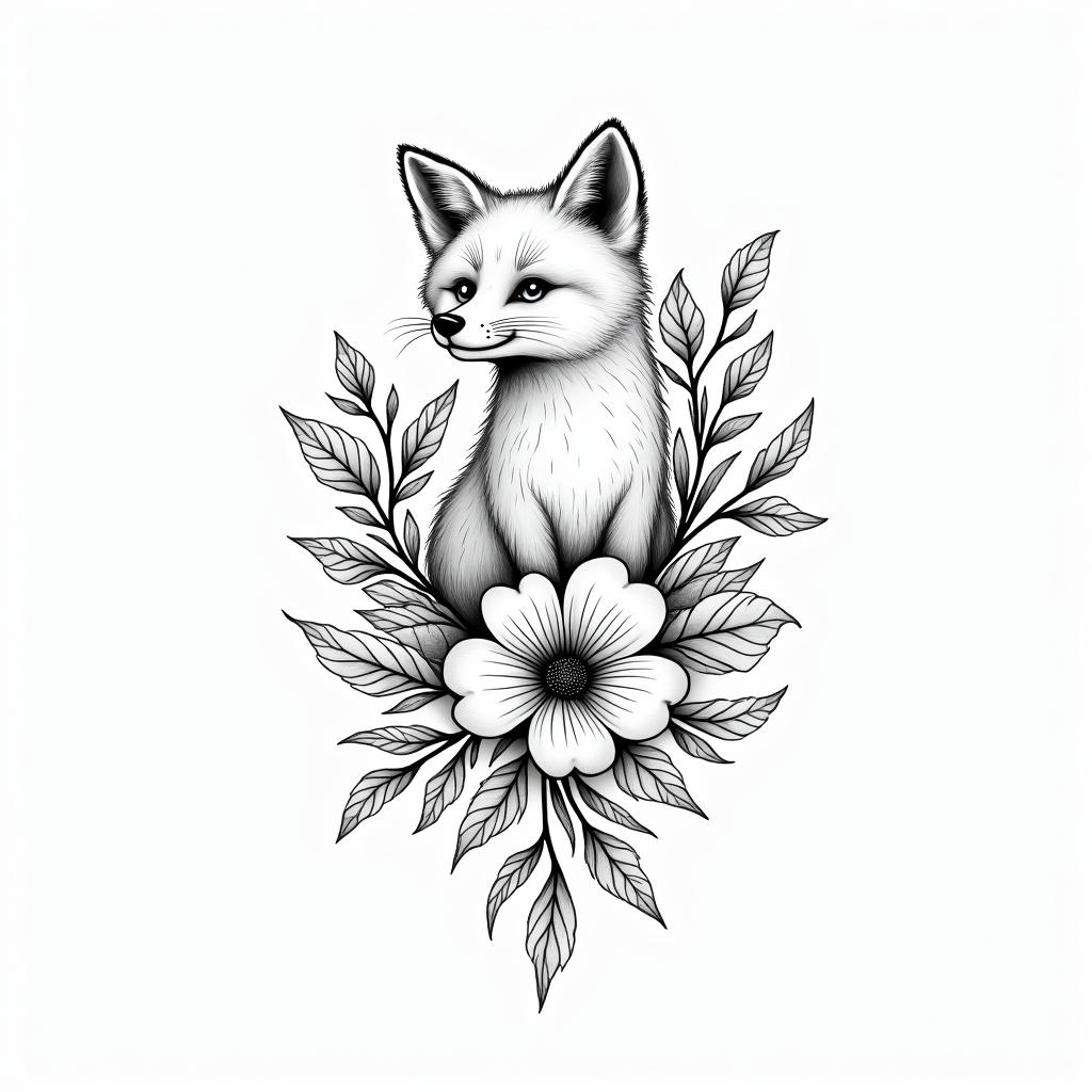Fine line, flowers, fox, playful, romanticin bohemian style tattoo, 8k - Variation 1