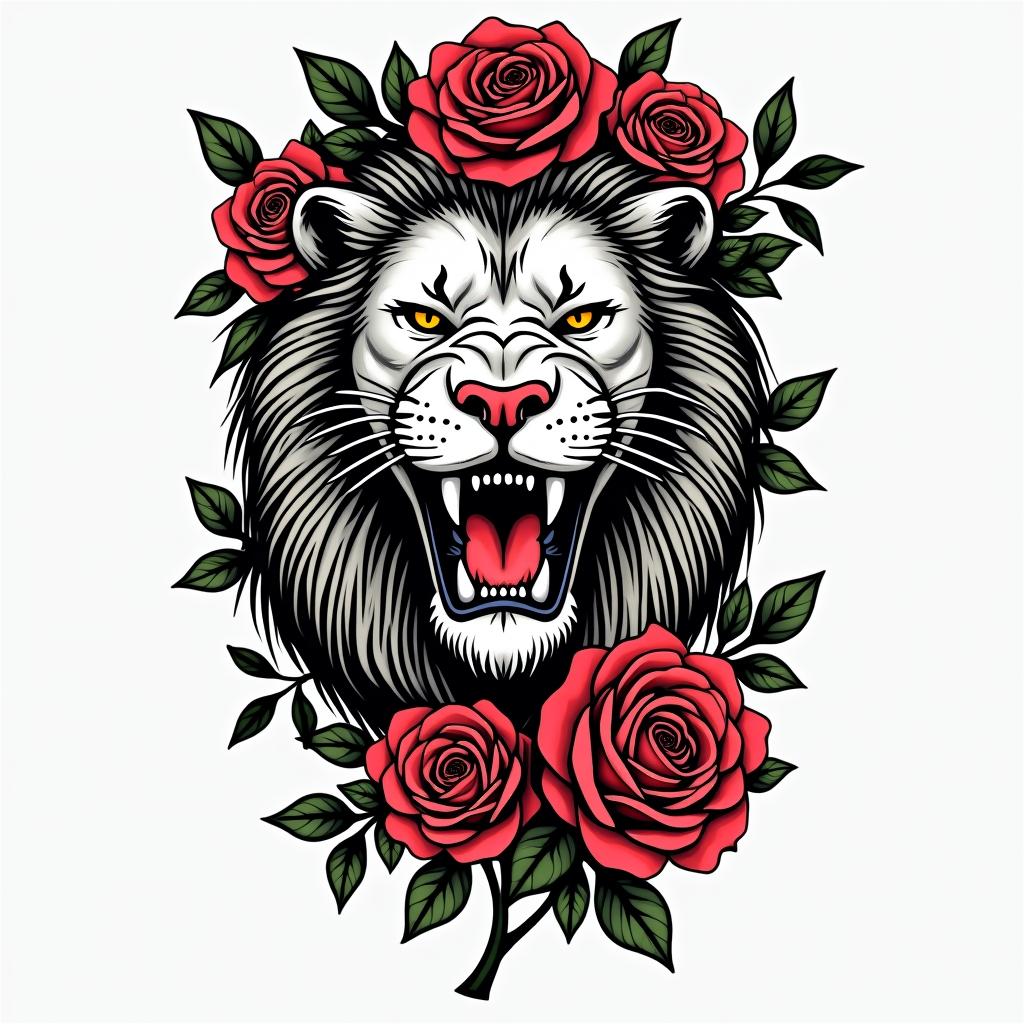 Ace of spade gun roses lionin pop art style tattoo, featuring bold and vibrant colors, exaggerated outlines, iconic imagery, inspired by comic books and speech bubbles, comic book characters, retro pop culture
