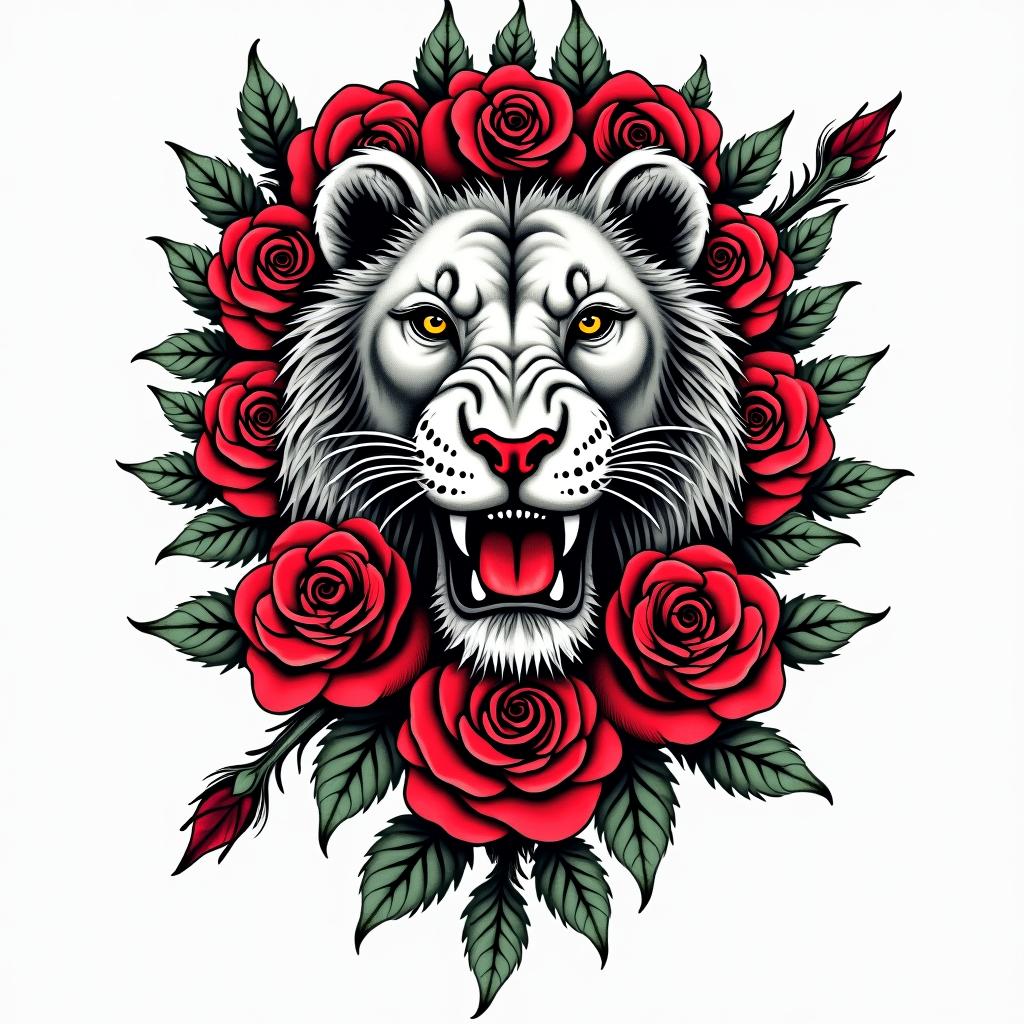 Ace of spade gun roses lionin pop art style tattoo, featuring bold and vibrant colors, exaggerated outlines, iconic imagery, inspired by comic books and speech bubbles, comic book characters, retro pop culture - Variation 3