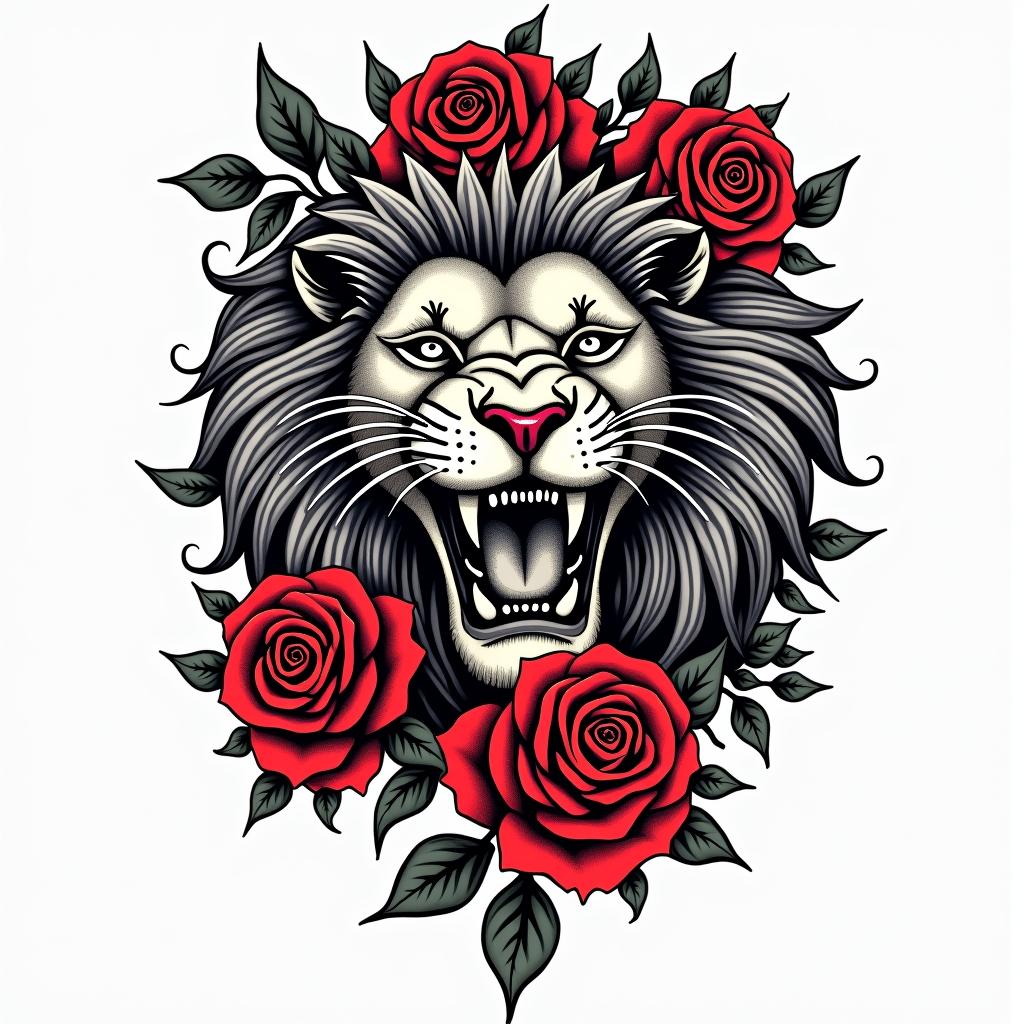 Ace of spade gun roses lionin pop art style tattoo, featuring bold and vibrant colors, exaggerated outlines, iconic imagery, inspired by comic books and speech bubbles, comic book characters, retro pop culture - Variation 4