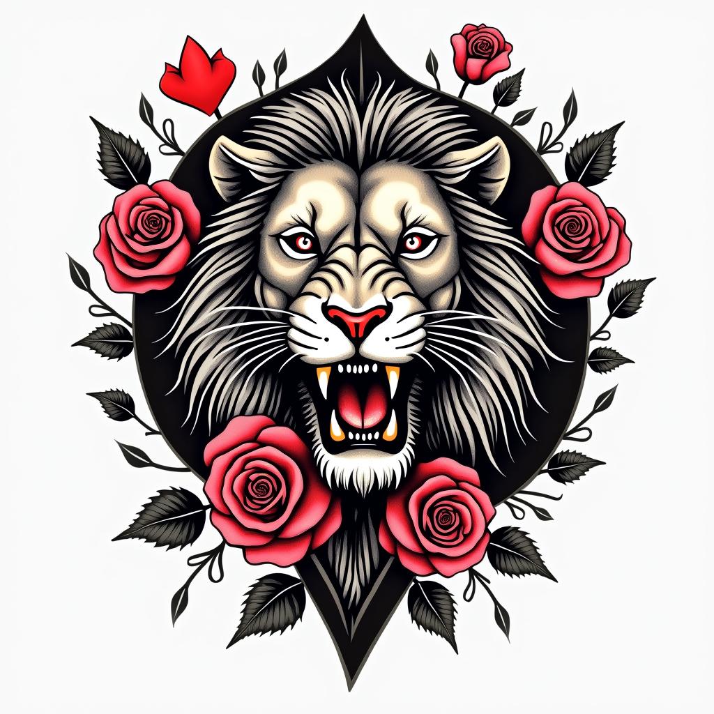 Ace of spade gun roses lionin pop art style tattoo, featuring bold and vibrant colors, exaggerated outlines, iconic imagery, inspired by comic books and speech bubbles, comic book characters, retro pop culture - Variation 2