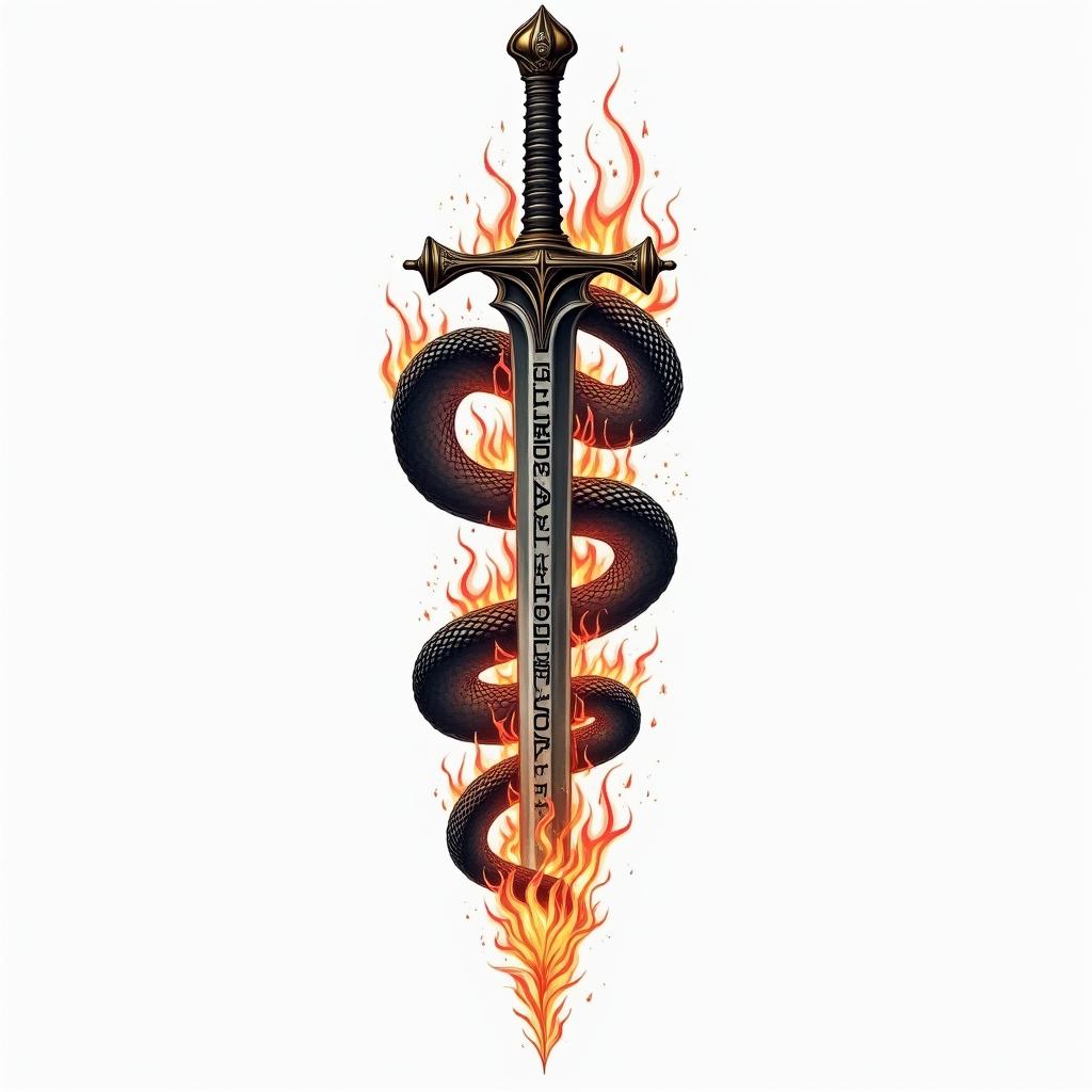 Snake wrapped around sword with inscription on itin flame tattoo style showcasing fiery elements with dynamic flame patterns, glowing effect of flames, natural colors - Variation 2