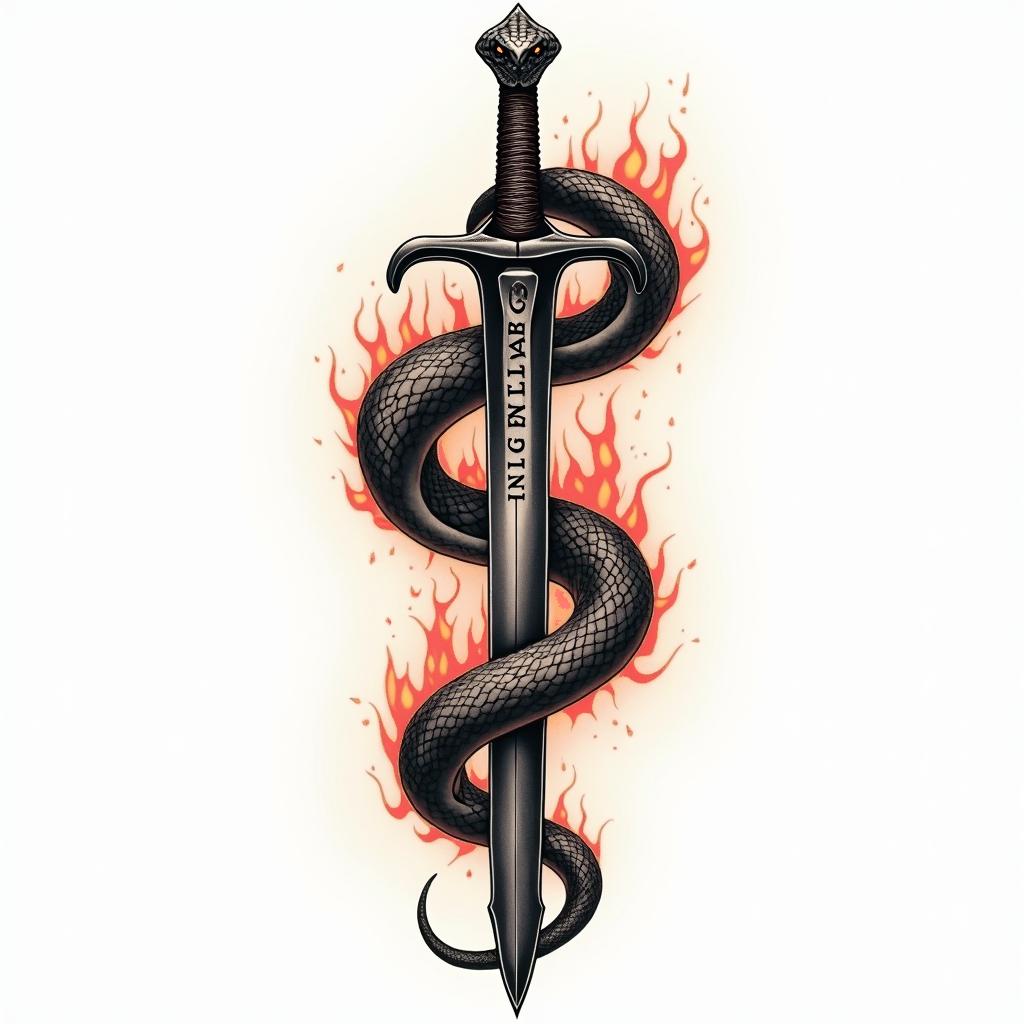 Snake wrapped around sword with inscription on itin flame tattoo style showcasing fiery elements with dynamic flame patterns, glowing effect of flames, natural colors - Variation 3