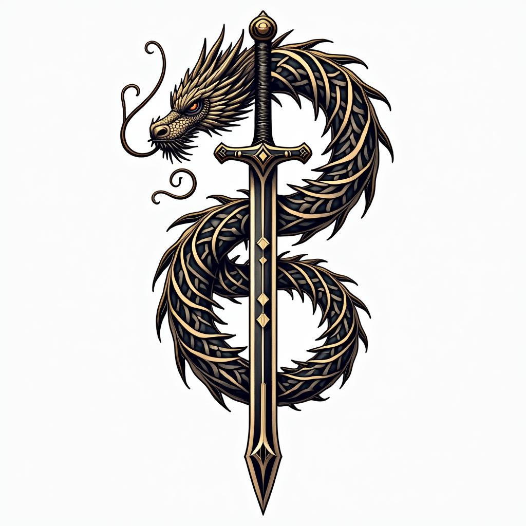 Majestic dragon coiled around a swordin tribal tattoo style, featuring bold and black geometric shapes, curved lines, intertwine and flow seamlessly, creating a powerful and symbolic design, polynesian and maori styles - Variation 5