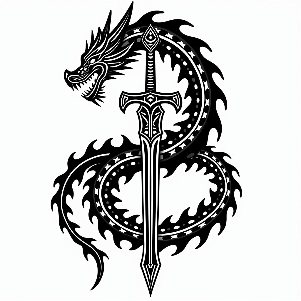 Majestic dragon coiled around a swordin tribal tattoo style, featuring bold and black geometric shapes, curved lines, intertwine and flow seamlessly, creating a powerful and symbolic design, polynesian and maori styles - Variation 6