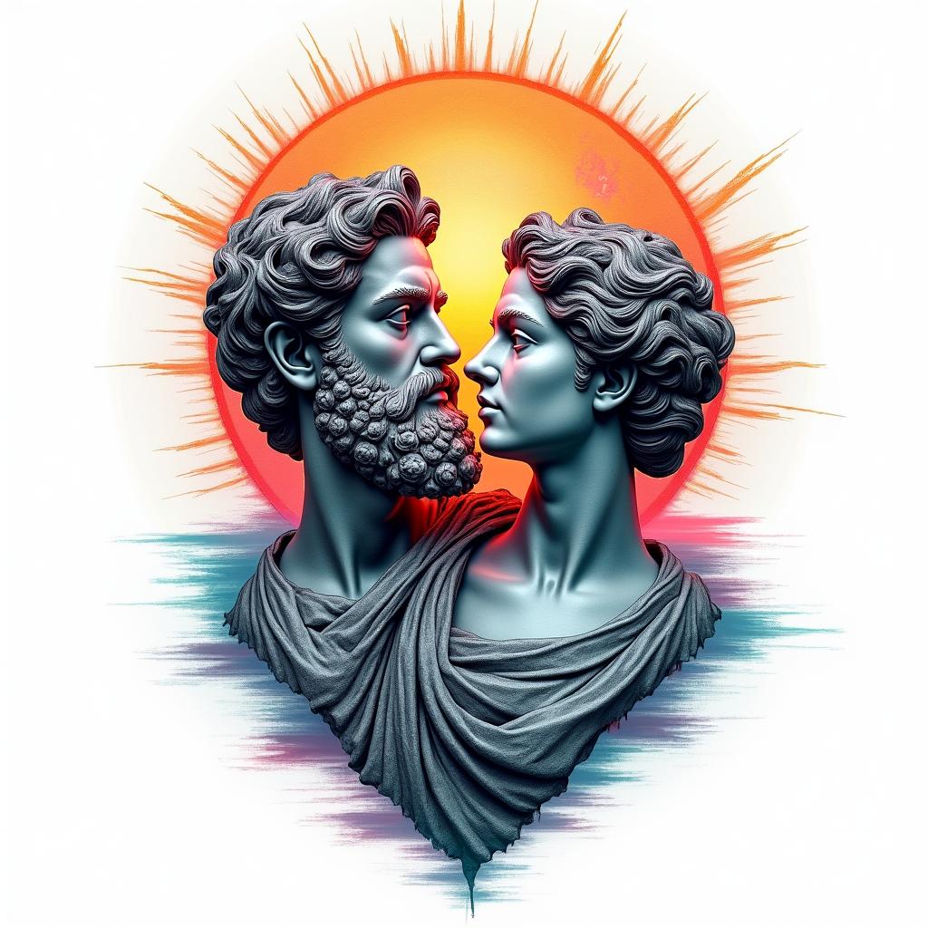 Sun and moon intertwined, shiningin distorted and fragmented tattoo design, featuring a classical statue bust, in a glitch art style with vibrant, overlapping colors of cyan, magenta, and yellow, creating a digital distortion effect - Variation 3