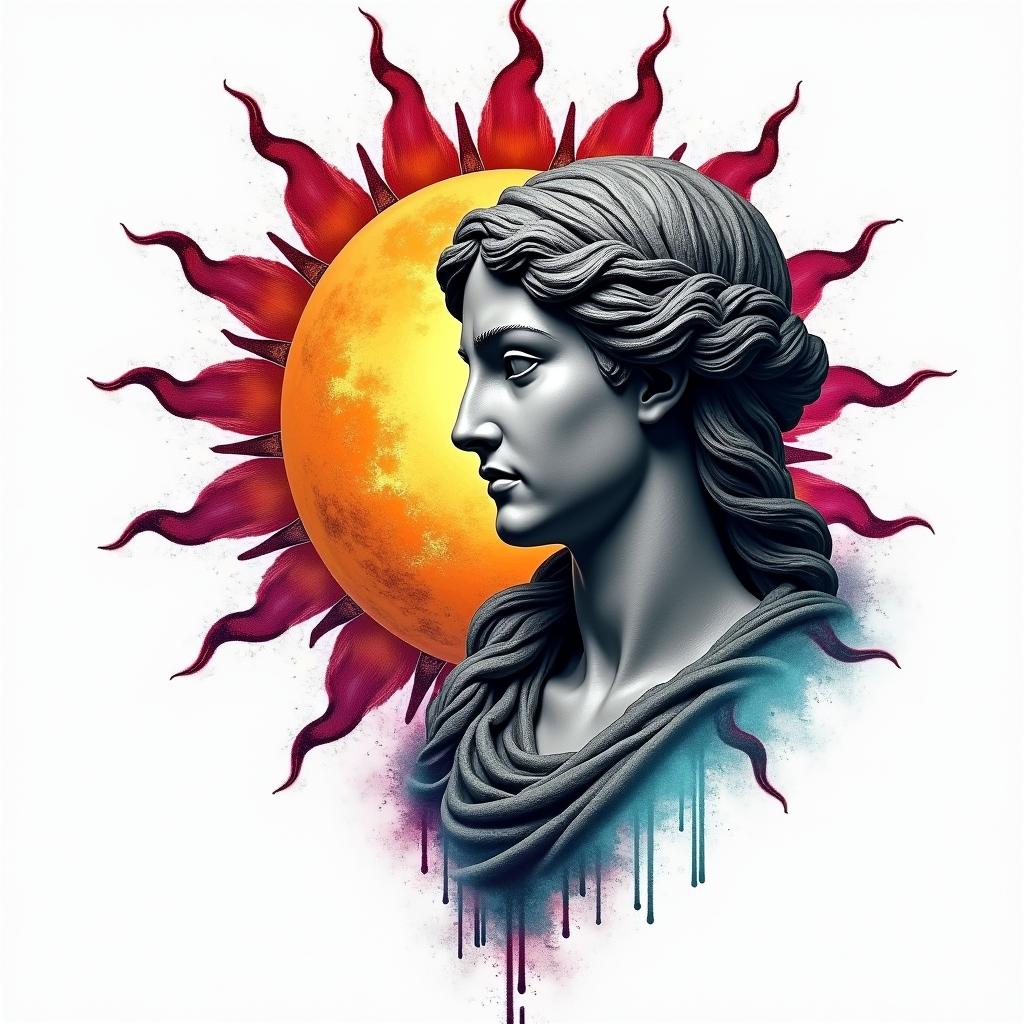 Sun and moon intertwined, shiningin distorted and fragmented tattoo design, featuring a classical statue bust, in a glitch art style with vibrant, overlapping colors of cyan, magenta, and yellow, creating a digital distortion effect - Variation 2