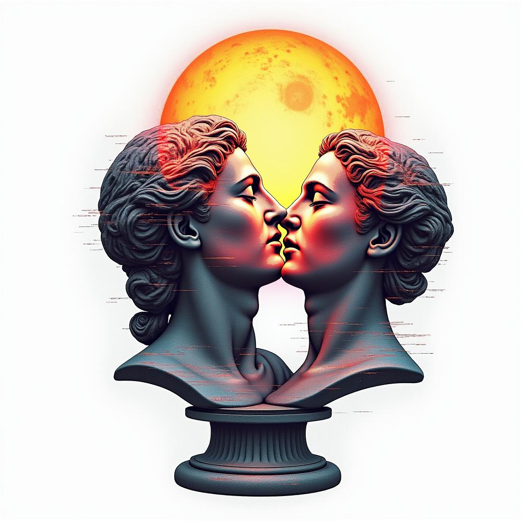Sun and moon intertwined, shiningin distorted and fragmented tattoo design, featuring a classical statue bust, in a glitch art style with vibrant, overlapping colors of cyan, magenta, and yellow, creating a digital distortion effect - Variation 4
