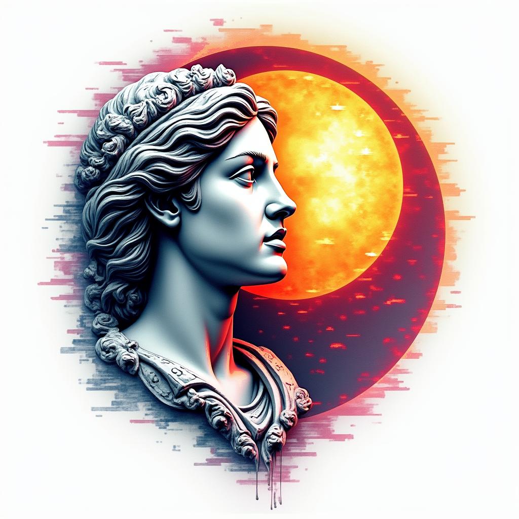 Sun and moon intertwined, shiningin distorted and fragmented tattoo design, featuring a classical statue bust, in a glitch art style with vibrant, overlapping colors of cyan, magenta, and yellow, creating a digital distortion effect