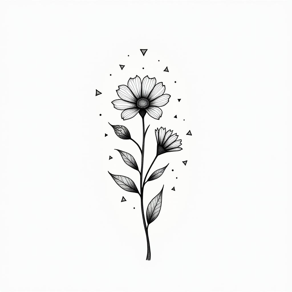 Fine line, flowers, fox, playful, romanticin minimalist style tattoo, featuring simple shapes and fine lines, with minimal shading and details, tiny triangles, creating a sense of balance and harmony
