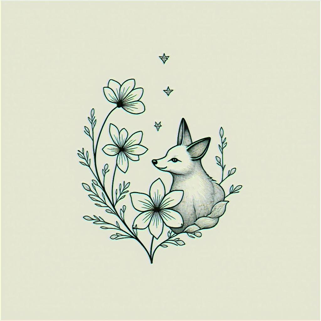 Fine line, flowers, fox, playful, romanticin minimalist style tattoo, featuring simple shapes and fine lines, with minimal shading and details, tiny triangles, creating a sense of balance and harmony - Variation 4