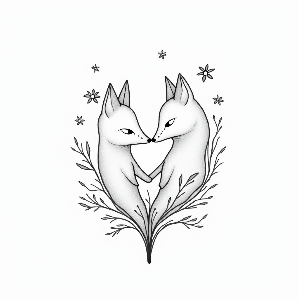 Fine line, flowers, fox, playful, romanticin minimalist style tattoo, featuring simple shapes and fine lines, with minimal shading and details, tiny triangles, creating a sense of balance and harmony - Variation 3