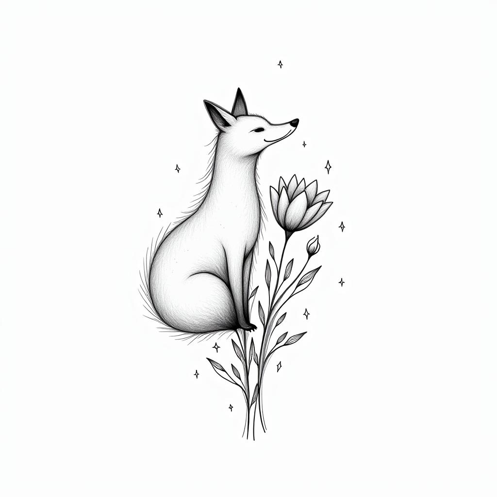Fine line, flowers, fox, playful, romanticin minimalist style tattoo, featuring simple shapes and fine lines, with minimal shading and details, tiny triangles, creating a sense of balance and harmony - Variation 2