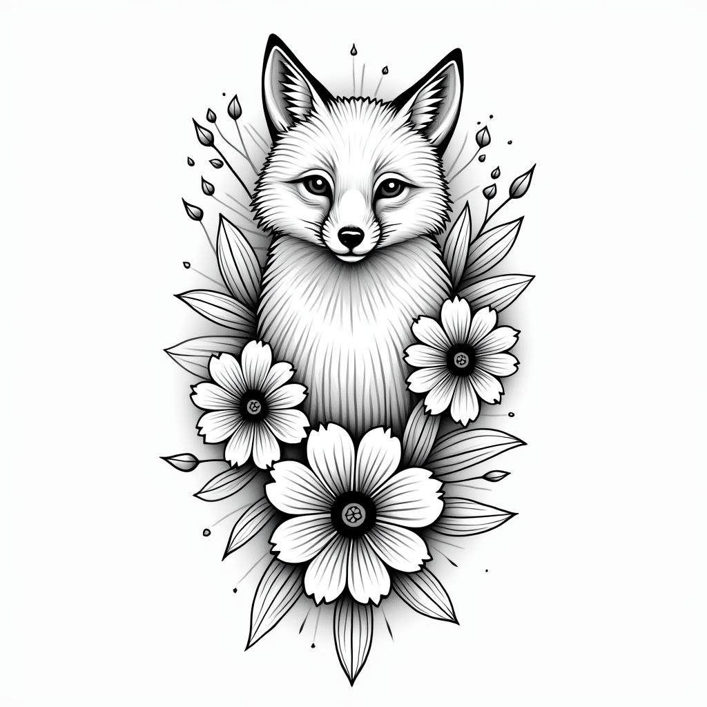 Fine line, flowers, fox, playful, romantic in geometric style tattoo, blending hexagons, mandala-inspired patterns, symmetrical and fractal design, clean lines, sharp angles - Variation 2