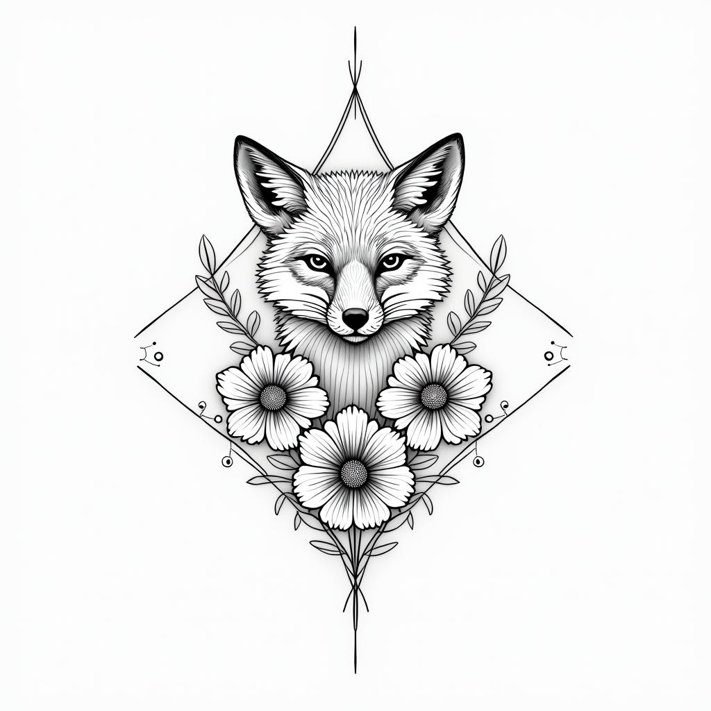 Fine line, flowers, fox, playful, romantic in geometric style tattoo, blending hexagons, mandala-inspired patterns, symmetrical and fractal design, clean lines, sharp angles - Variation 1