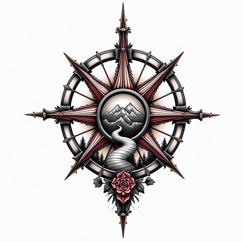A detailed black ink tattoo design featuring a compass rose, symbolizing travel and direction, prominently placed on the left side of the chest. The compass integrates garnet-colored details within the cardinal directions and as accents, enhancing visual interest. The design includes a stylized wind rose, a mountain range in the background, and a winding road leading toward the mountains, symbolizing freedom, resilience, and a new direction after a significant life change. The overall aesthetic evokes a sense of adventure and personal growth, thoughtfully designed to flow with the contours of the chest area.higly detailed tattoo - Variation 4