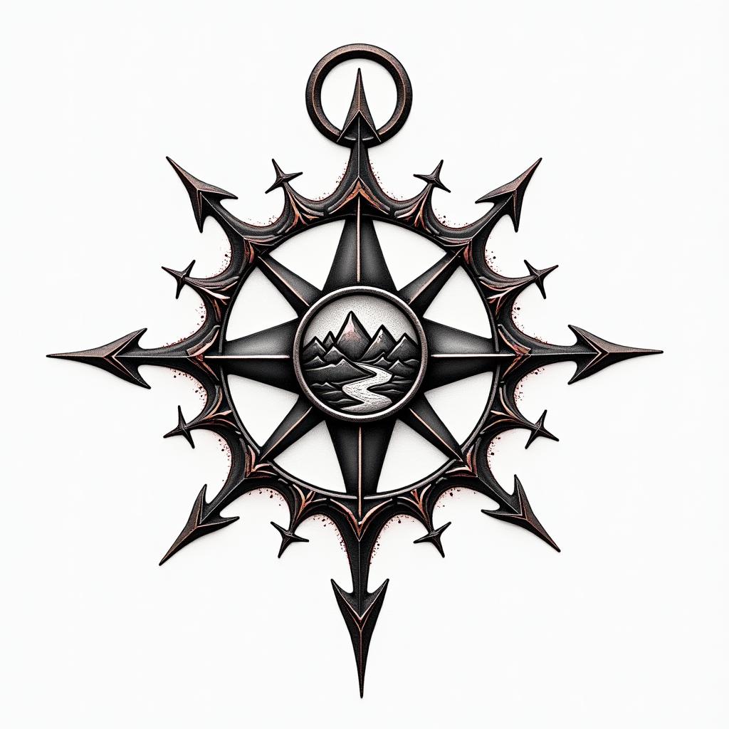 A detailed black ink tattoo design featuring a compass rose, symbolizing travel and direction, prominently placed on the left side of the chest. The compass integrates garnet-colored details within the cardinal directions and as accents, enhancing visual interest. The design includes a stylized wind rose, a mountain range in the background, and a winding road leading toward the mountains, symbolizing freedom, resilience, and a new direction after a significant life change. The overall aesthetic evokes a sense of adventure and personal growth, thoughtfully designed to flow with the contours of the chest area.higly detailed tattoo