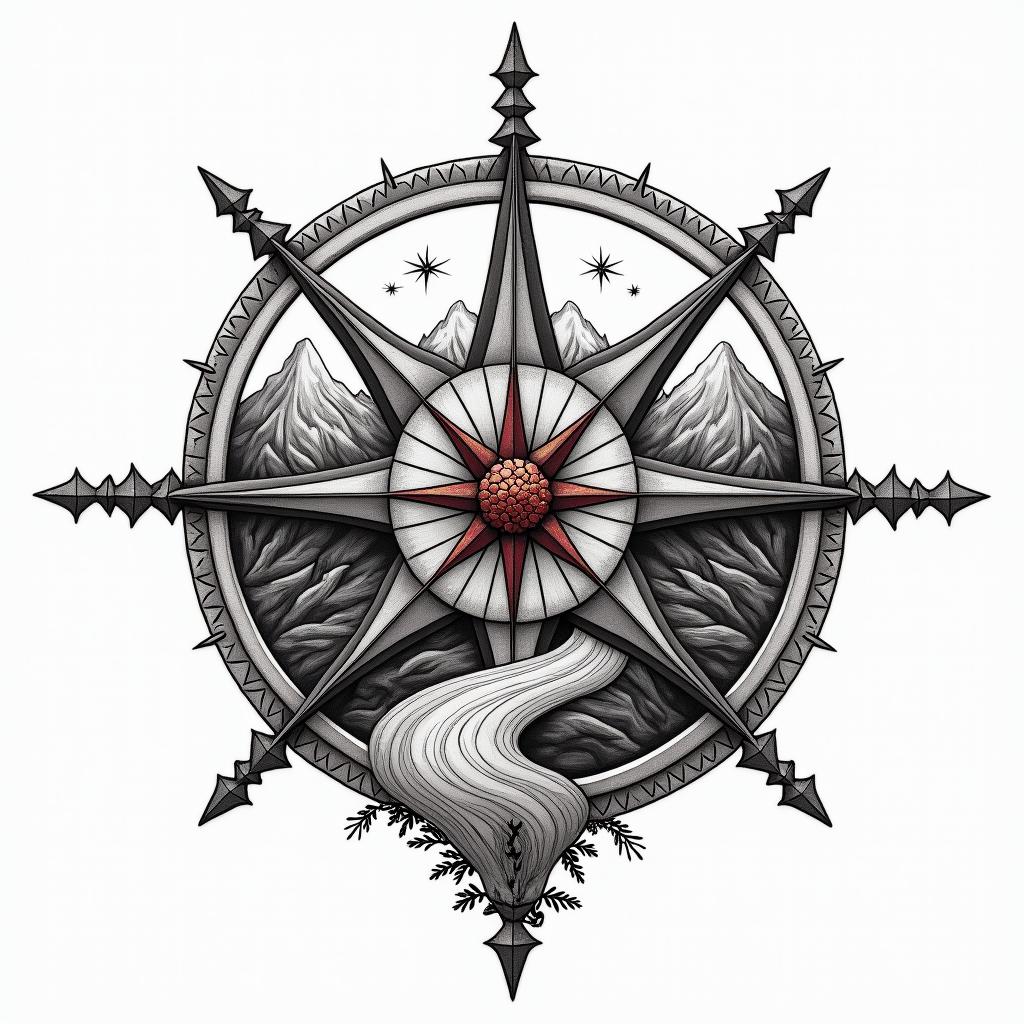 A detailed black ink tattoo design featuring a compass rose, symbolizing travel and direction, prominently placed on the left side of the chest. The compass integrates garnet-colored details within the cardinal directions and as accents, enhancing visual interest. The design includes a stylized wind rose, a mountain range in the background, and a winding road leading toward the mountains, symbolizing freedom, resilience, and a new direction after a significant life change. The overall aesthetic evokes a sense of adventure and personal growth, thoughtfully designed to flow with the contours of the chest area.higly detailed tattoo - Variation 2