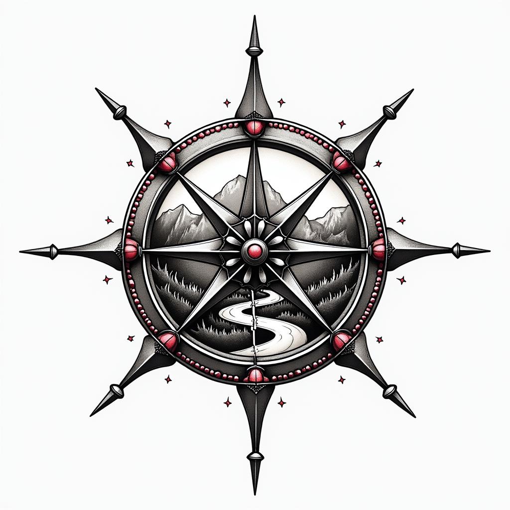 A detailed black ink tattoo design featuring a compass rose, symbolizing travel and direction, prominently placed on the left side of the chest. The compass integrates garnet-colored details within the cardinal directions and as accents, enhancing visual interest. The design includes a stylized wind rose, a mountain range in the background, and a winding road leading toward the mountains, symbolizing freedom, resilience, and a new direction after a significant life change. The overall aesthetic evokes a sense of adventure and personal growth, thoughtfully designed to flow with the contours of the chest area.higly detailed tattoo - Variation 3