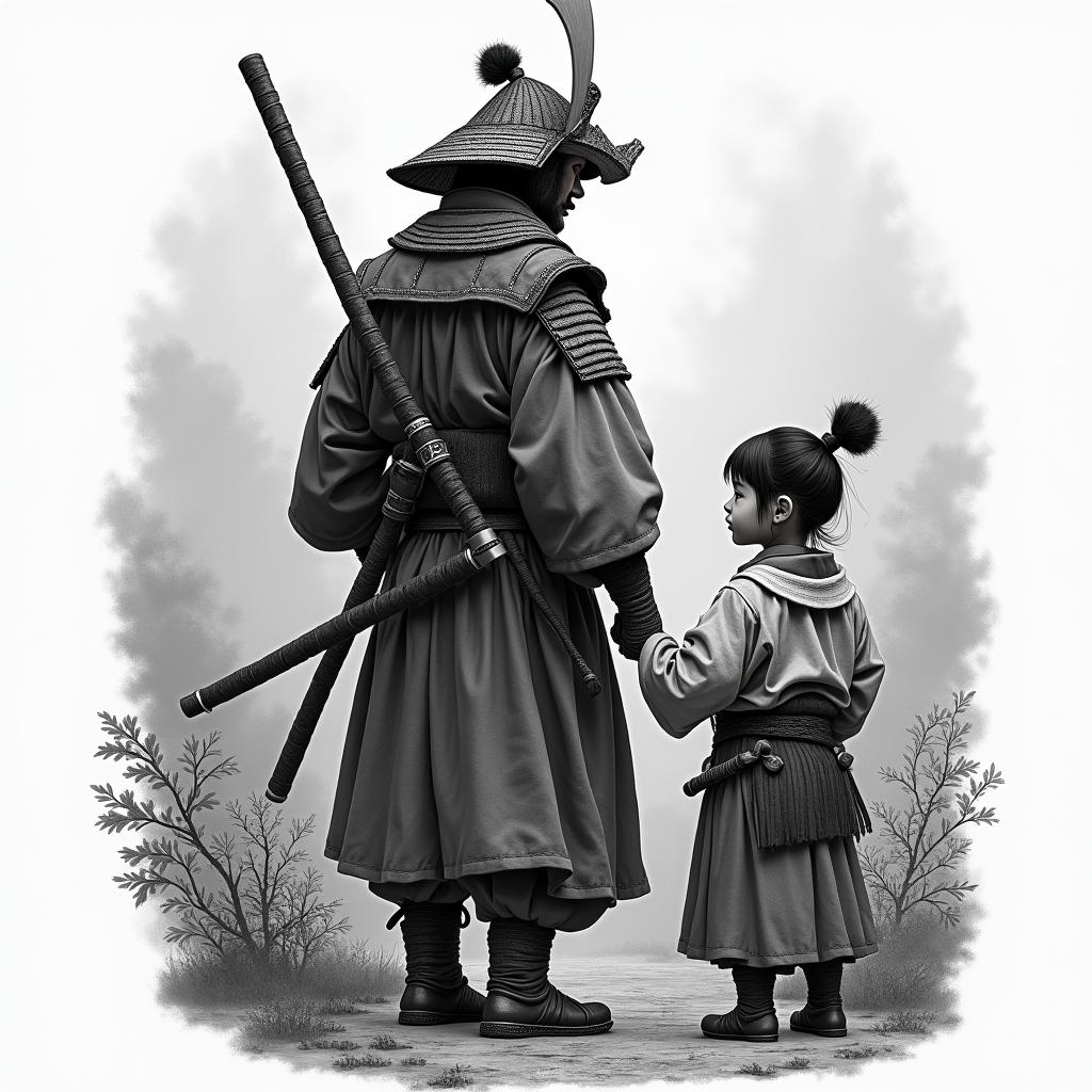 Samurai in traditional clothing and a child in similar attire, within a Feudal Japanese landscape.in realism tattoo style, featuring a highly detailed, lifelike, capturing every detail, photorealistic, ultra realistic, intricate shading, smooth and sharp,   - Variation 4