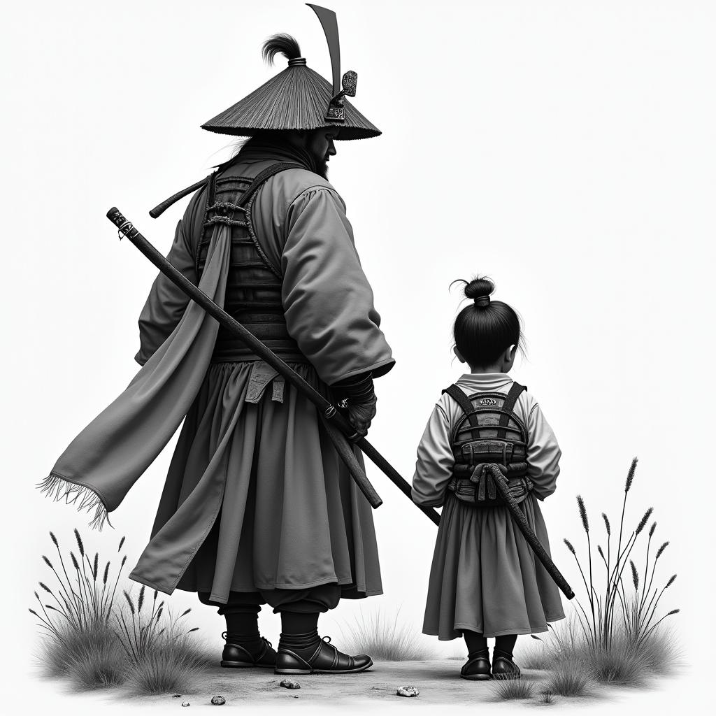 Samurai in traditional clothing and a child in similar attire, within a Feudal Japanese landscape.in realism tattoo style, featuring a highly detailed, lifelike, capturing every detail, photorealistic, ultra realistic, intricate shading, smooth and sharp,   - Variation 3
