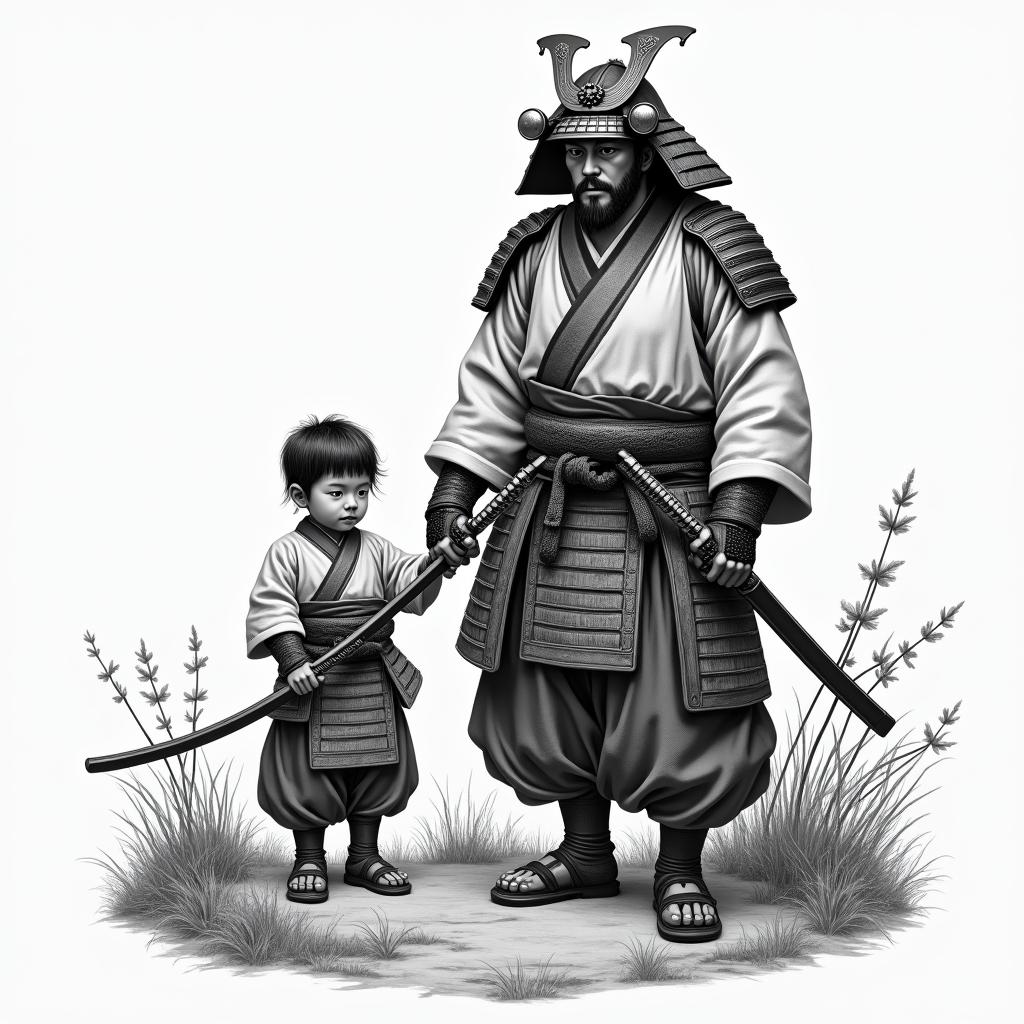 Samurai in traditional clothing and a child in similar attire, within a Feudal Japanese landscape.in realism tattoo style, featuring a highly detailed, lifelike, capturing every detail, photorealistic, ultra realistic, intricate shading, smooth and sharp,   - Variation 2