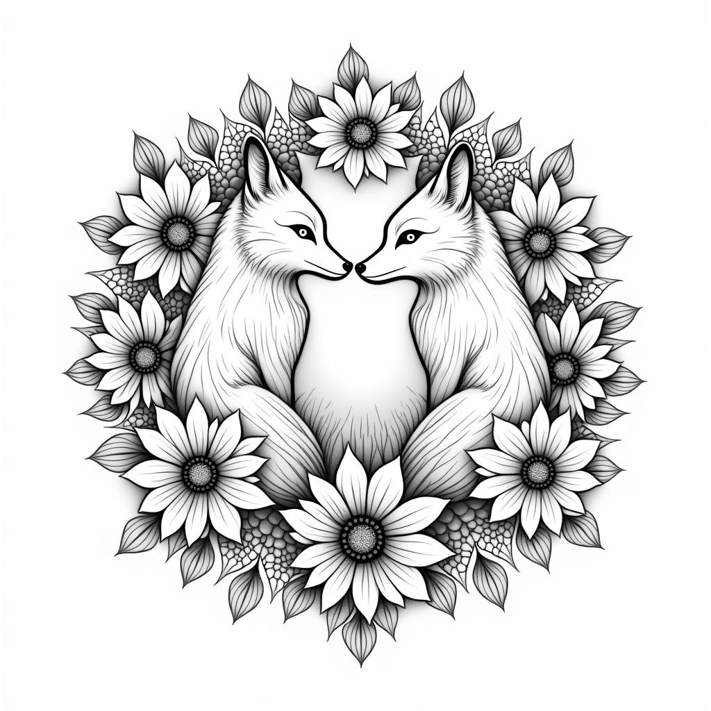 Foxes, flowers, fine line, playful, romanticin dotwork style tattoo, complex mandala patterns, interlocking geometric shapes with sharp symmetry, clean lines, sharp angles - Variation 4