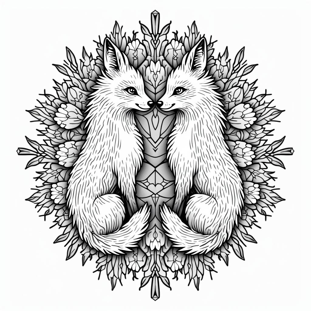 Foxes, flowers, fine line, playful, romanticin dotwork style tattoo, complex mandala patterns, interlocking geometric shapes with sharp symmetry, clean lines, sharp angles - Variation 3