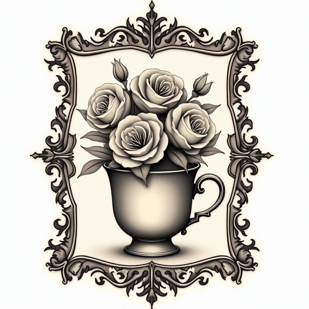A teacup with flowers on itin victorian style tattoo, featuring vintage and elegant elements, ornate frames, roses, antique, sepia-toned color scheme - Variation 4