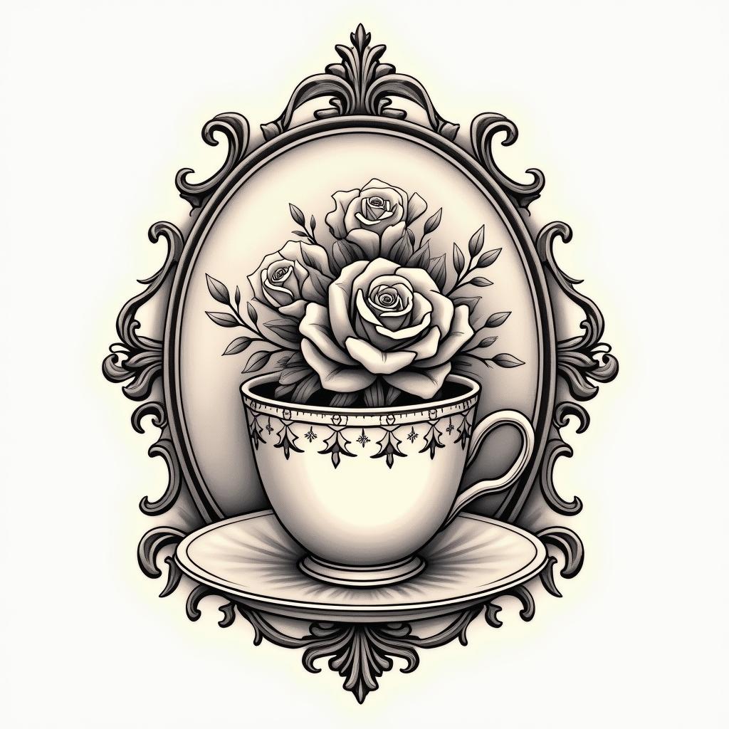 A teacup with flowers on itin victorian style tattoo, featuring vintage and elegant elements, ornate frames, roses, antique, sepia-toned color scheme - Variation 3