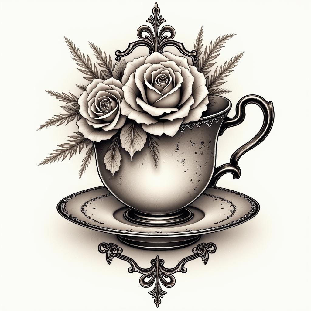 A teacup with flowers on itin victorian style tattoo, featuring vintage and elegant elements, ornate frames, roses, antique, sepia-toned color scheme - Variation 2