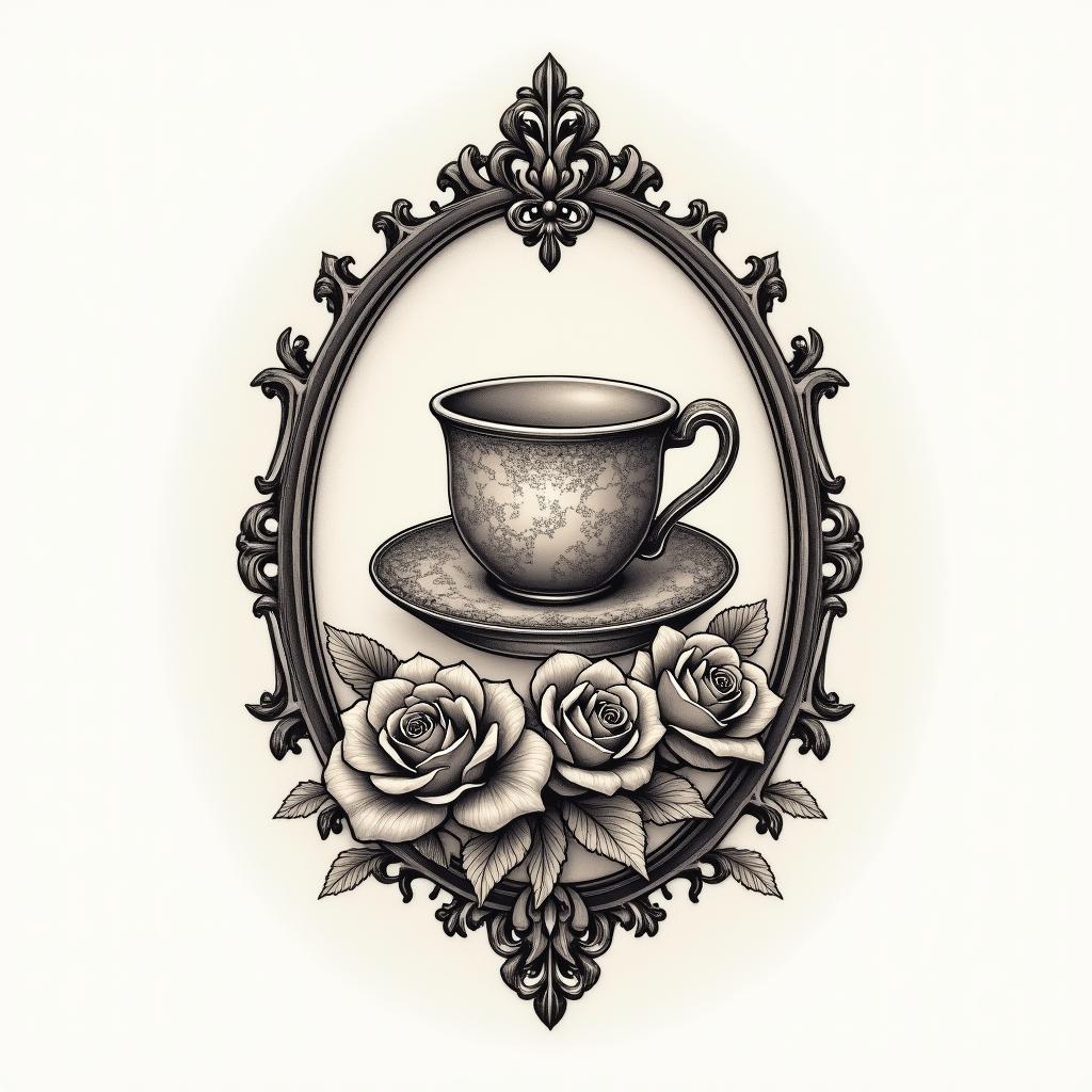 A teacup with flowers on itin victorian style tattoo, featuring vintage and elegant elements, ornate frames, roses, antique, sepia-toned color scheme