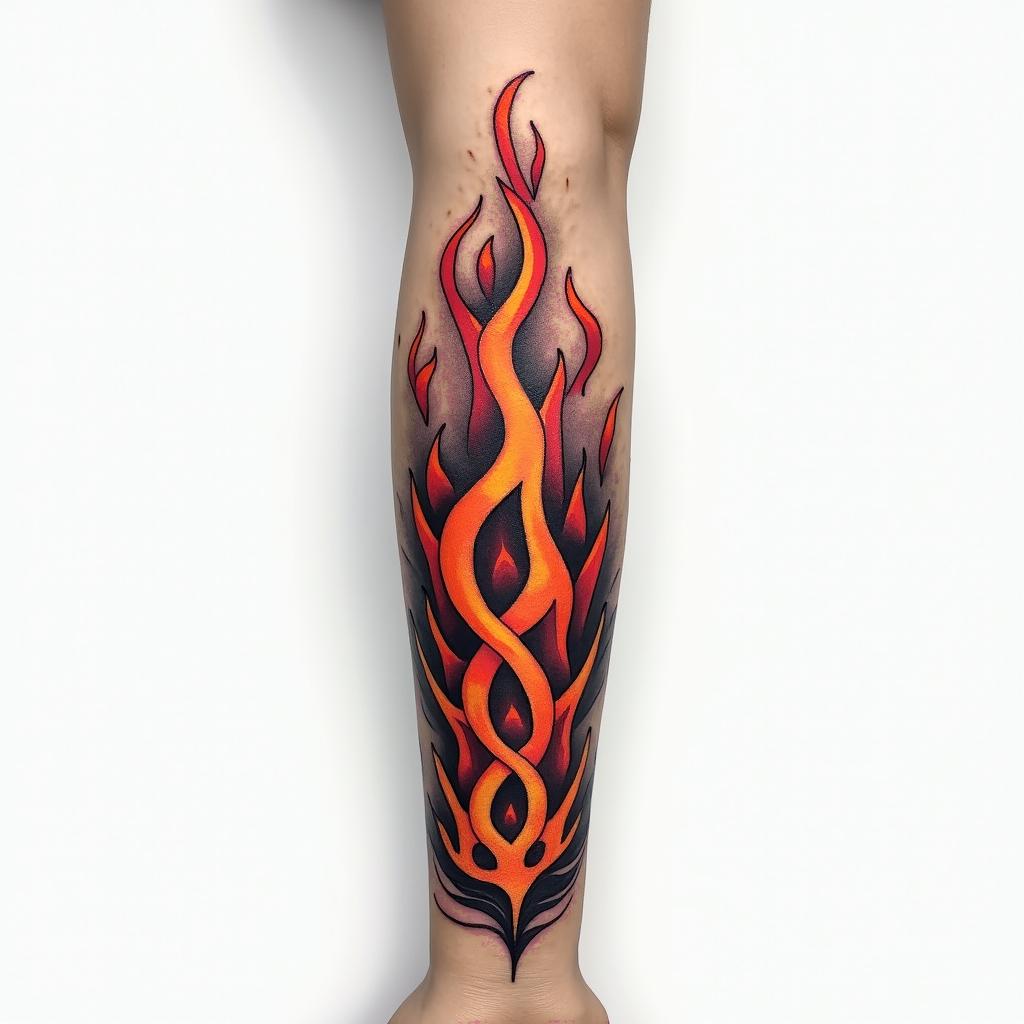 Half sleeve colorful flames in forearmhigly detailed tattoo