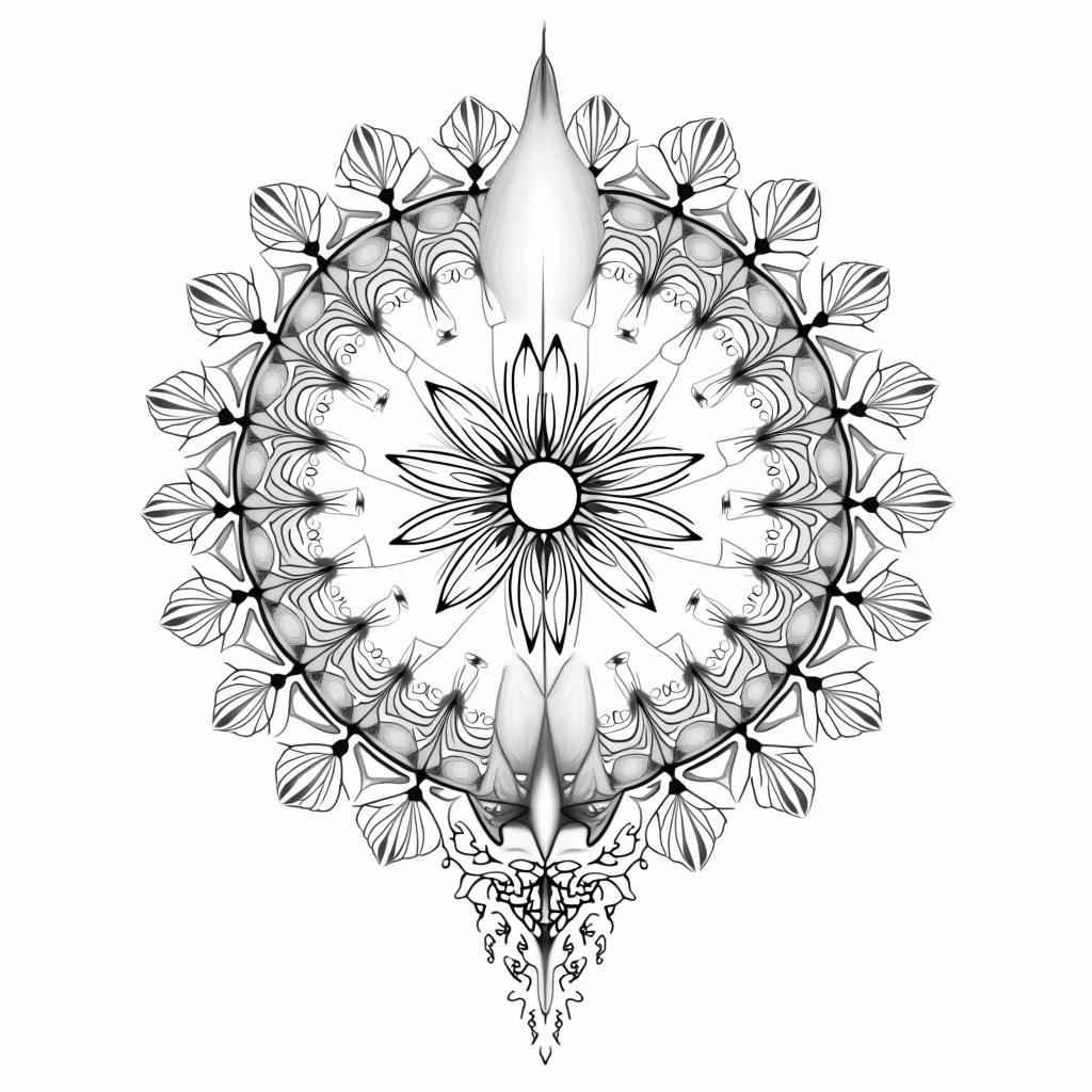 Foxes, flowers, fineline, playful, romantic in geometric style tattoo, blending hexagons, mandala-inspired patterns, symmetrical and fractal design, clean lines, sharp angles - Variation 1