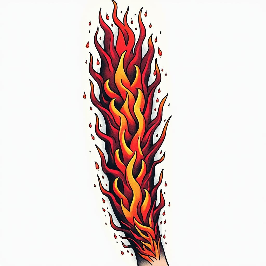 Half sleeve colorful flames in forearmin pop art style tattoo, featuring bold and vibrant colors, exaggerated outlines, iconic imagery, inspired by comic books and speech bubbles, comic book characters, retro pop culture - Variation 4
