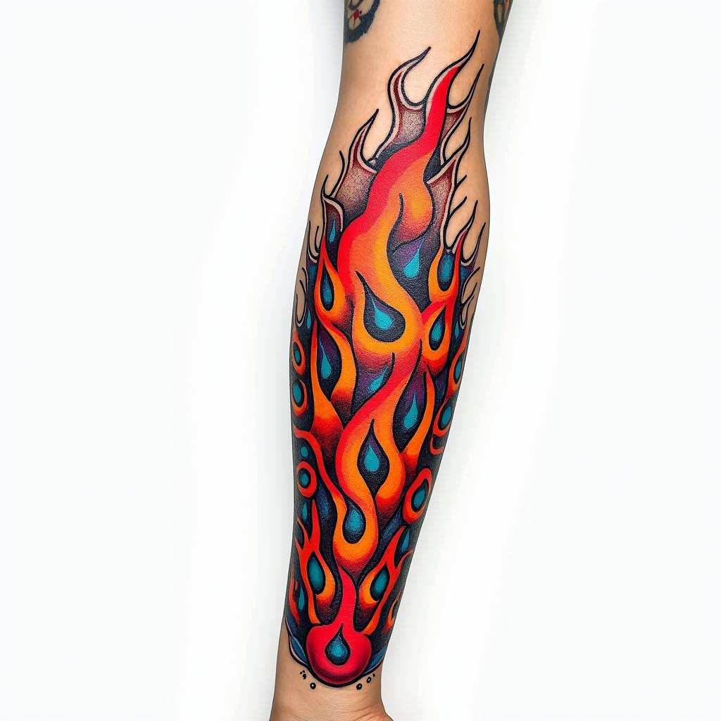Half sleeve colorful flames in forearmin pop art style tattoo, featuring bold and vibrant colors, exaggerated outlines, iconic imagery, inspired by comic books and speech bubbles, comic book characters, retro pop culture - Variation 2