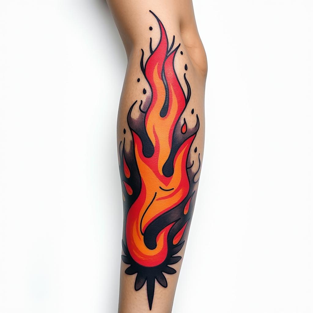 Half sleeve colorful flames in forearmin pop art style tattoo, featuring bold and vibrant colors, exaggerated outlines, iconic imagery, inspired by comic books and speech bubbles, comic book characters, retro pop culture