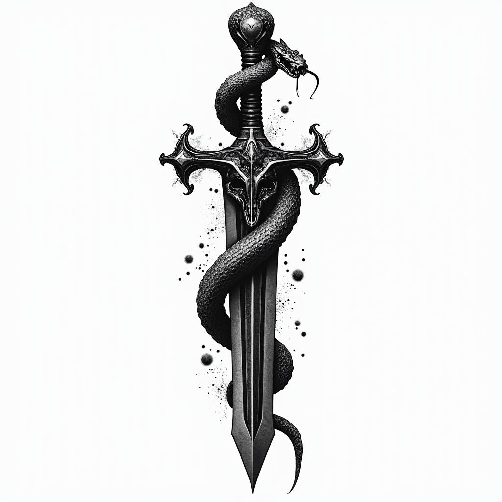 Snake wrapped around sword with design on it in horror tattoo style, showcasing haunting and unsettling, dark and gritty textures with skulls, eerie faces, jgged designs, bold and intense shading - Variation 3